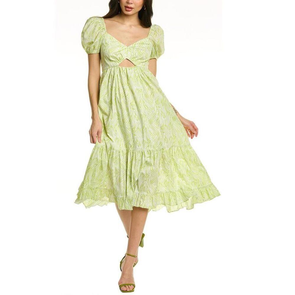 NWOT Cinq à Sept Tevah Poplin Keyhole Midi Dress White & Lima Bean Green Size 4